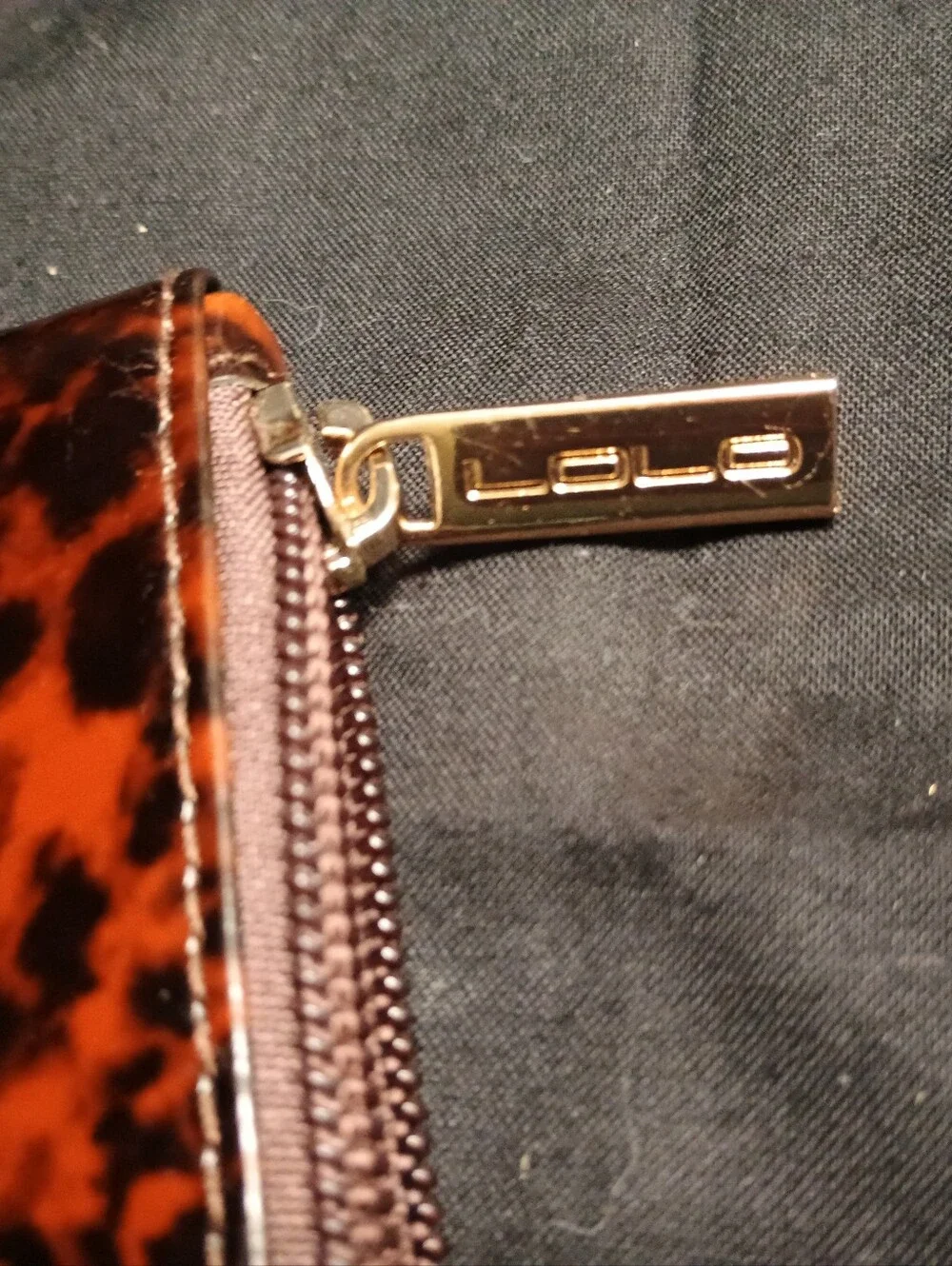 LOLO Tortoise Shell Patent Leather Makeup Pouch W/ Applique Gold Skull & Mirror